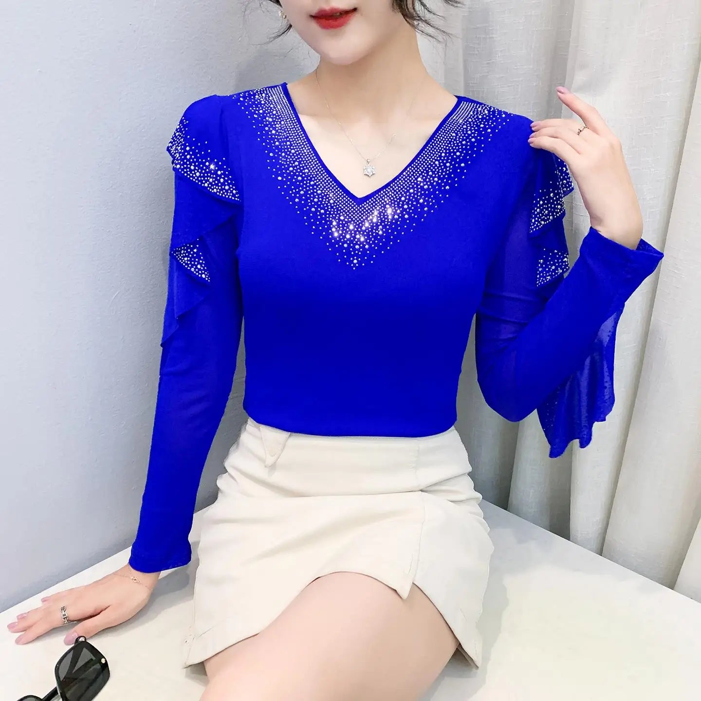 Women's Long Sleeve V-Neck Top | Flounce Sleeves, Lace & Sequin Detail, Slim Fit