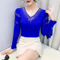 Women's Long Sleeve V-Neck Top | Flounce Sleeves, Lace & Sequin Detail, Slim Fit