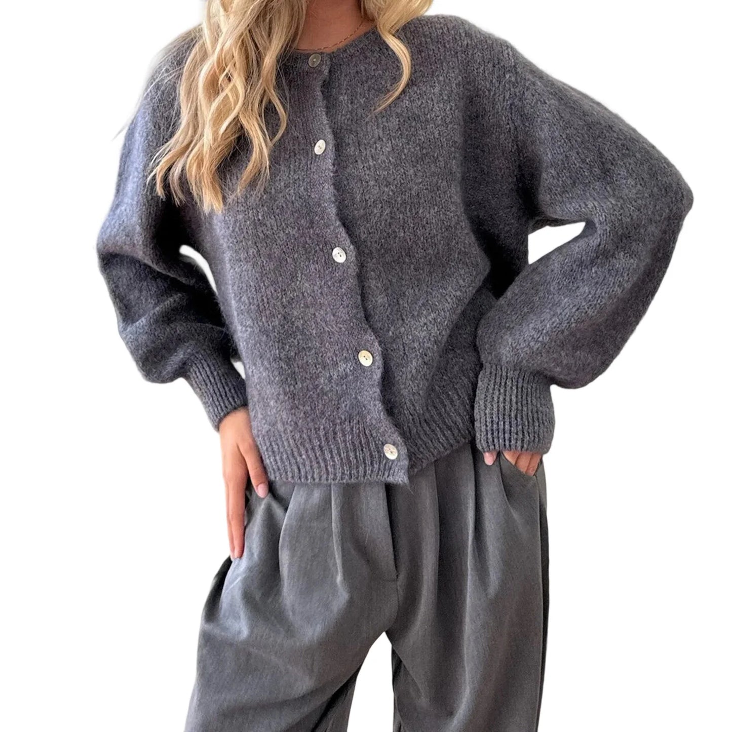 Women s V-Neck Cable Knit Sweater Long Sleeve Solid Color Button Down Cardigan Casual Fall Winter Tops