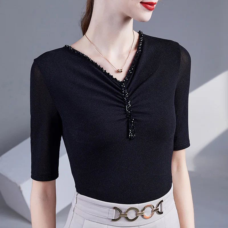 Embroidered Diamond Lace Long Sleeve Top – Loose Fit O-Neck Women's Tee