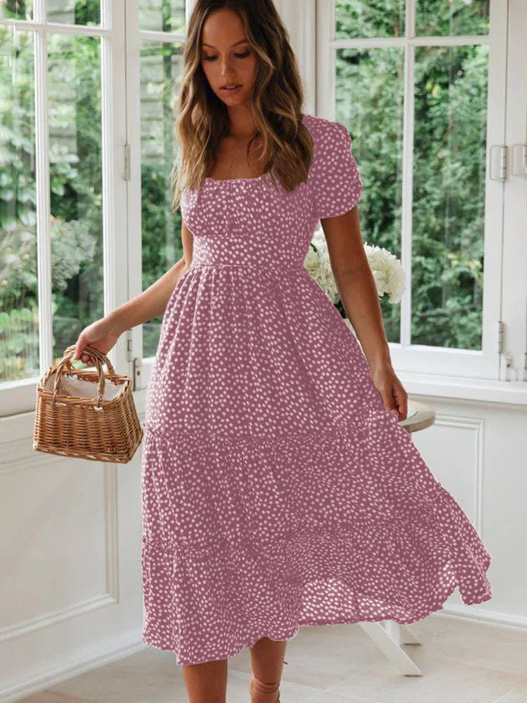 Floral Square Collar Puff Sleeve Midi Dress | A-Line Ruffle Women's Summer Party Dress