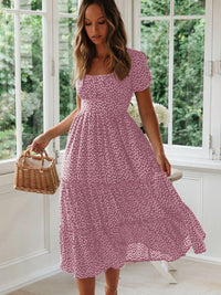Floral Square Collar Puff Sleeve Midi Dress | A-Line Ruffle Women's Summer Party Dress