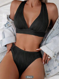 Cross String High Waist Bikini Set – Solid Color, Wire-Free, Padded | Women's Swimwear