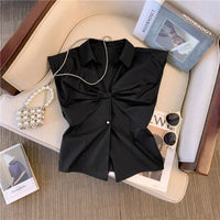 V-Neck Bow Sleeveless Crop Blouse – Korean Temperament Slim Fit Women's Summer Top