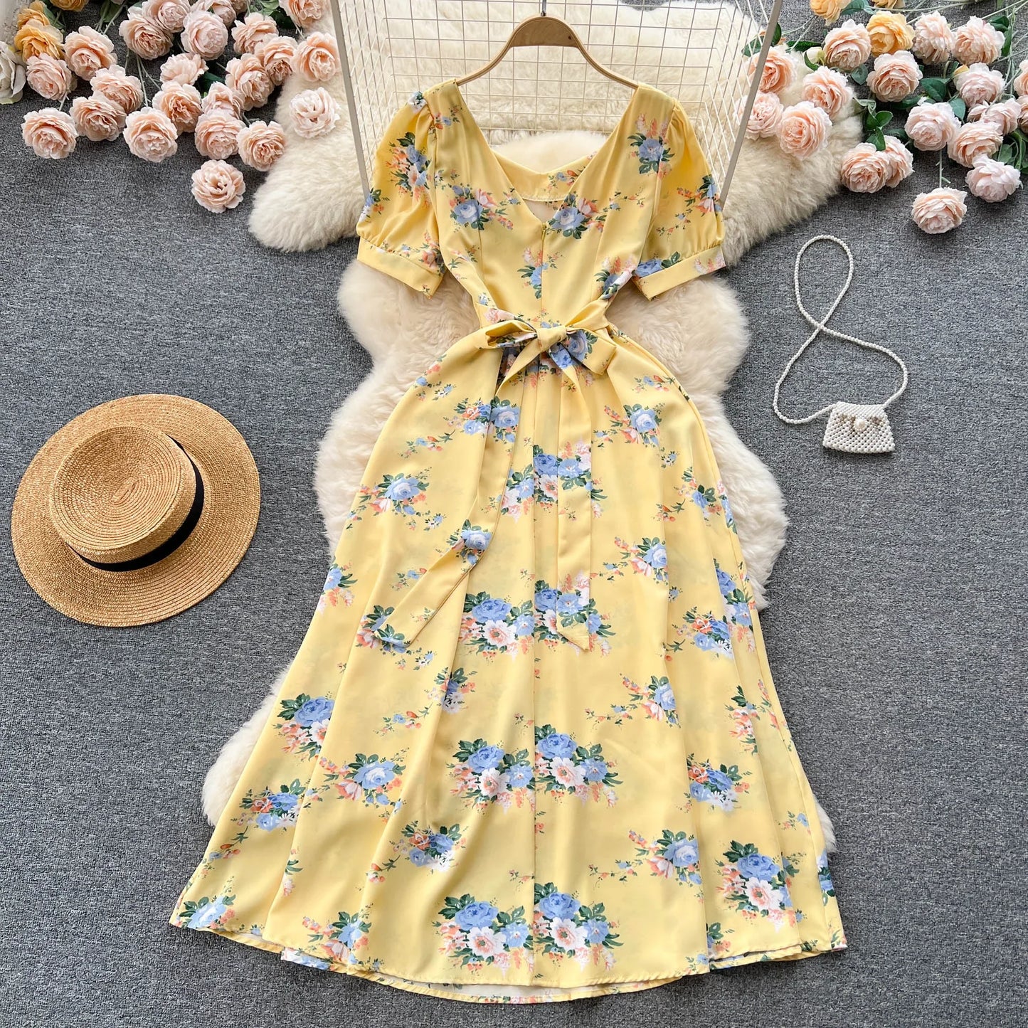 Contrast Color Print A-Line Midi Dress | Sweet High Waist Short Sleeve Women's Summer Dress