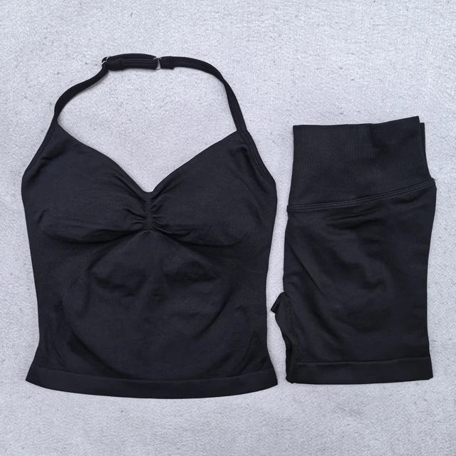 Conjunto Yoga 2 Piezas Mujer - Top Halter Sin Espalda y Shorts Cintura Alta Seamless