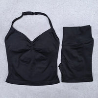 Conjunto Yoga 2 Piezas Mujer - Top Halter Sin Espalda y Shorts Cintura Alta Seamless