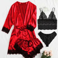 Conjunto Pijama Sexy 4 Piezas con Encaje - Camisola, Shorts, Bata y Lencería Mujer