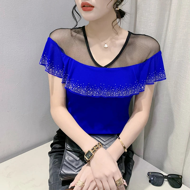 Women's Mesh Ruffle V-Neck Top | Butterfly Sleeve, Diamond Detail, Beach Summer Tee