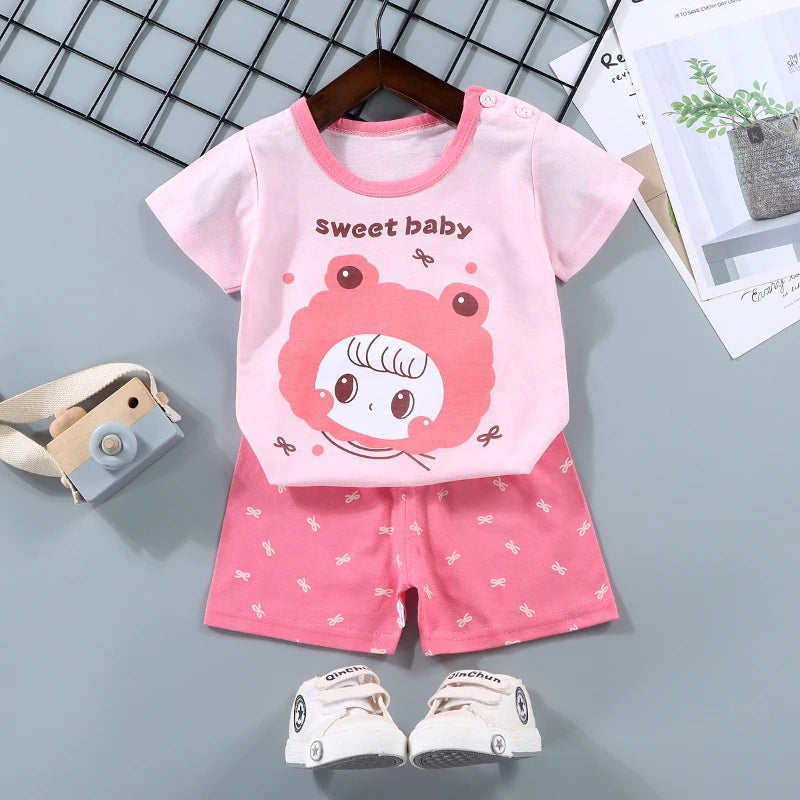 Kids Pure Cotton Summer Set - Cartoon T-Shirt & Shorts 2-Piece