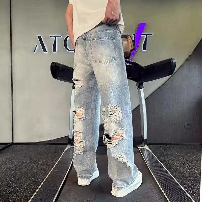 Men's Heavily Distressed Wide Leg Jeans | Low Rise Hip Hop Flare Denim with Big Rips
