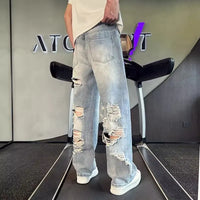 Men's Heavily Distressed Wide Leg Jeans | Low Rise Hip Hop Flare Denim with Big Rips