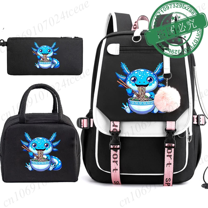 Mochila Escolar Anime Boba Axolotl con Lonchera y Estuche - Set 3 Piezas para Adolescentes