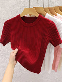 Korean Knit Slim Fit T-Shirt – Solid Color Short Sleeve Women's Streetwear Tee