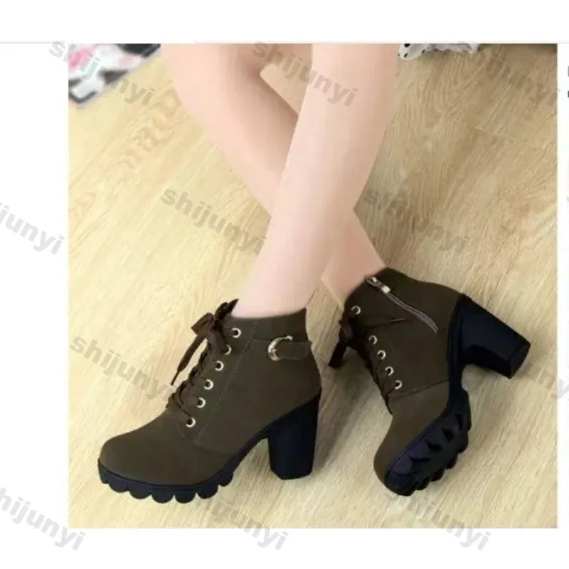 Winter 2022 New High Heeled Women Boots Cross Straps Short Boots Comfortable Waterproof Boots Warm Plus Size 42 Botas Femininas