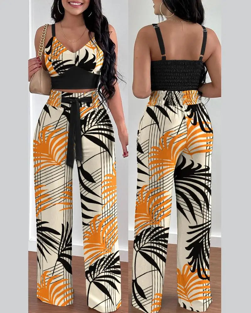 Women's V-Neck Shirred Crop Top & Wide Leg Pants Set | Elegant 2-Piece Office Suit