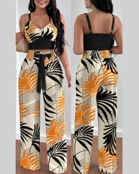 Women's V-Neck Shirred Crop Top & Wide Leg Pants Set | Elegant 2-Piece Office Suit