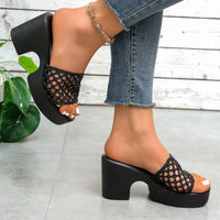 Women's Platform Chunky Heel Woven Slippers | Open Toe Hollow Sandals | US 5.5–10