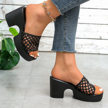Women's Platform Chunky Heel Woven Slippers | Open Toe Hollow Sandals | US 5.5–10