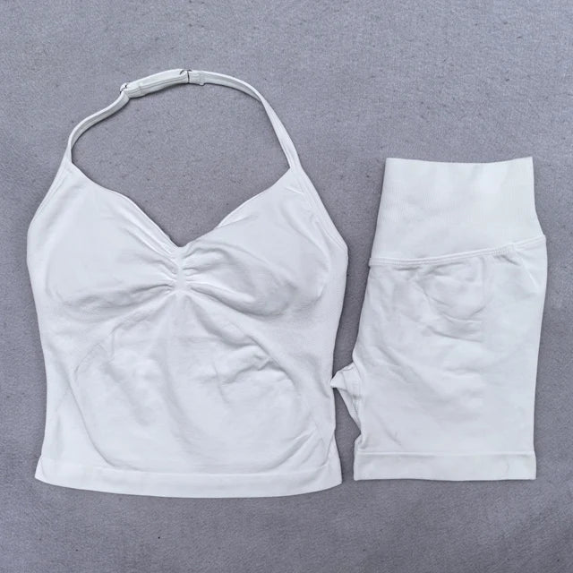 Conjunto Yoga 2 Piezas Mujer - Top Halter Sin Espalda y Shorts Cintura Alta Seamless