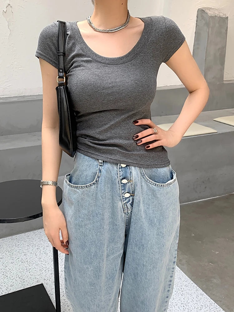Camiseta Mujer 100% Algodón - Cuello Redondo Slim Fit Básica Coreana Verano 2025