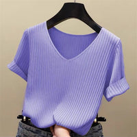 V-Neck Short Sleeve Knit Blouse – Solid High-Stretch Women's Pullover Top