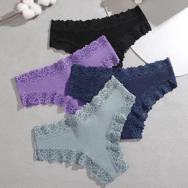 FINETOO 4PCS Sexy Lace Cotton Panties Women Brazilian Panties Ladies Sexy Low Waist Elastic T-Back Bikini Solid Soft Lingerie