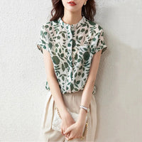Floral Print Stand Collar Short Sleeve Blouse – Casual Women's Summer Top