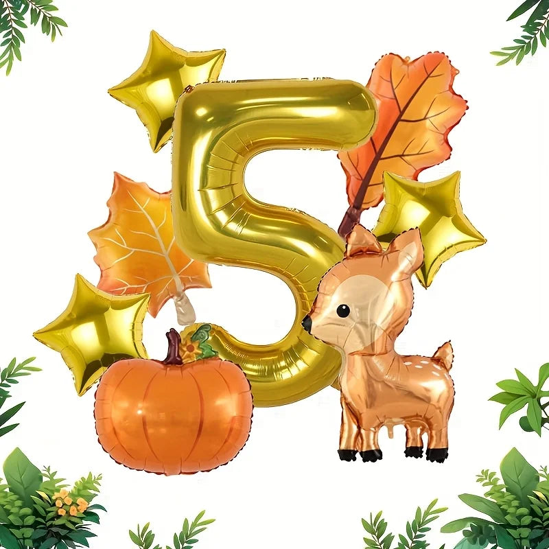 8Pcs Autumn Forest Animals Kids Birthday Party Decoration Fawn Maple Foil Balloon With 1-9 Number Balloon Thanksgiving Deco Gift