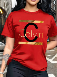 Letter Print Round Neck Short Sleeve T-Shirt – Minimalist Casual Women's Top