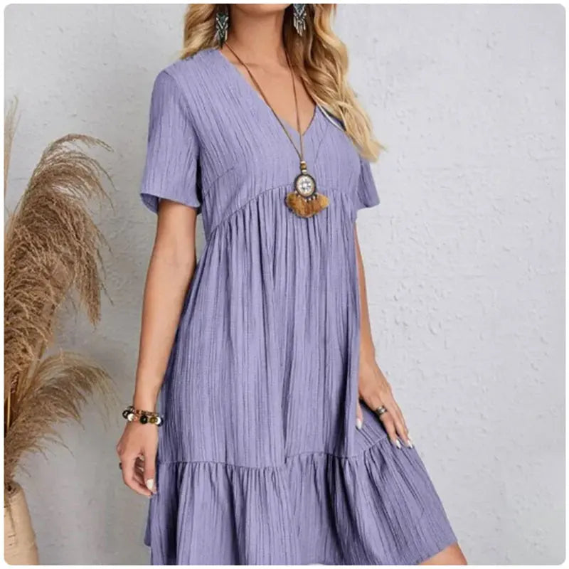 Vestido Peplum Mujer Verano - Cuello V Manga Corta con Volantes Cintura Suelta