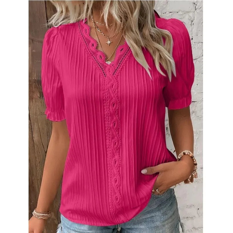 V-Neck Hollow Short Sleeve Blouse – Solid Chiffon Loose Fit Women's Top