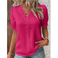 V-Neck Hollow Short Sleeve Blouse – Solid Chiffon Loose Fit Women's Top