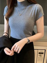 Korean Knit Slim Turtleneck Blouse – Solid Short Sleeve Women's Top