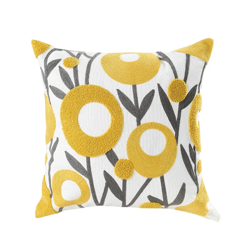 Floral Embroidered Cotton Pillow Cover - Rustic Decorative Cushion Case