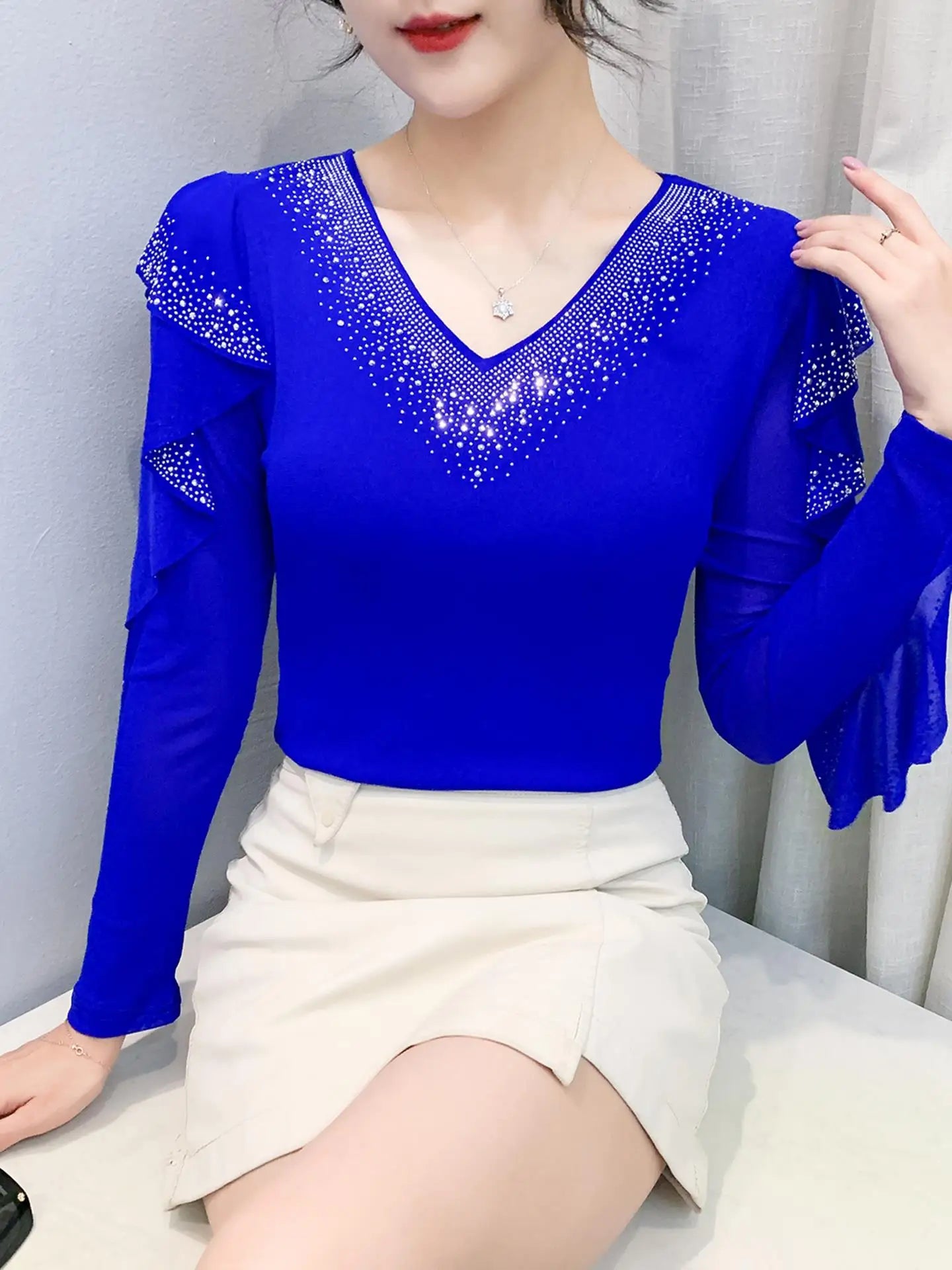 Women's Long Sleeve V-Neck Top | Flounce Sleeves, Lace & Sequin Detail, Slim Fit