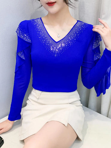Women's Long Sleeve V-Neck Top | Flounce Sleeves, Lace & Sequin Detail, Slim Fit