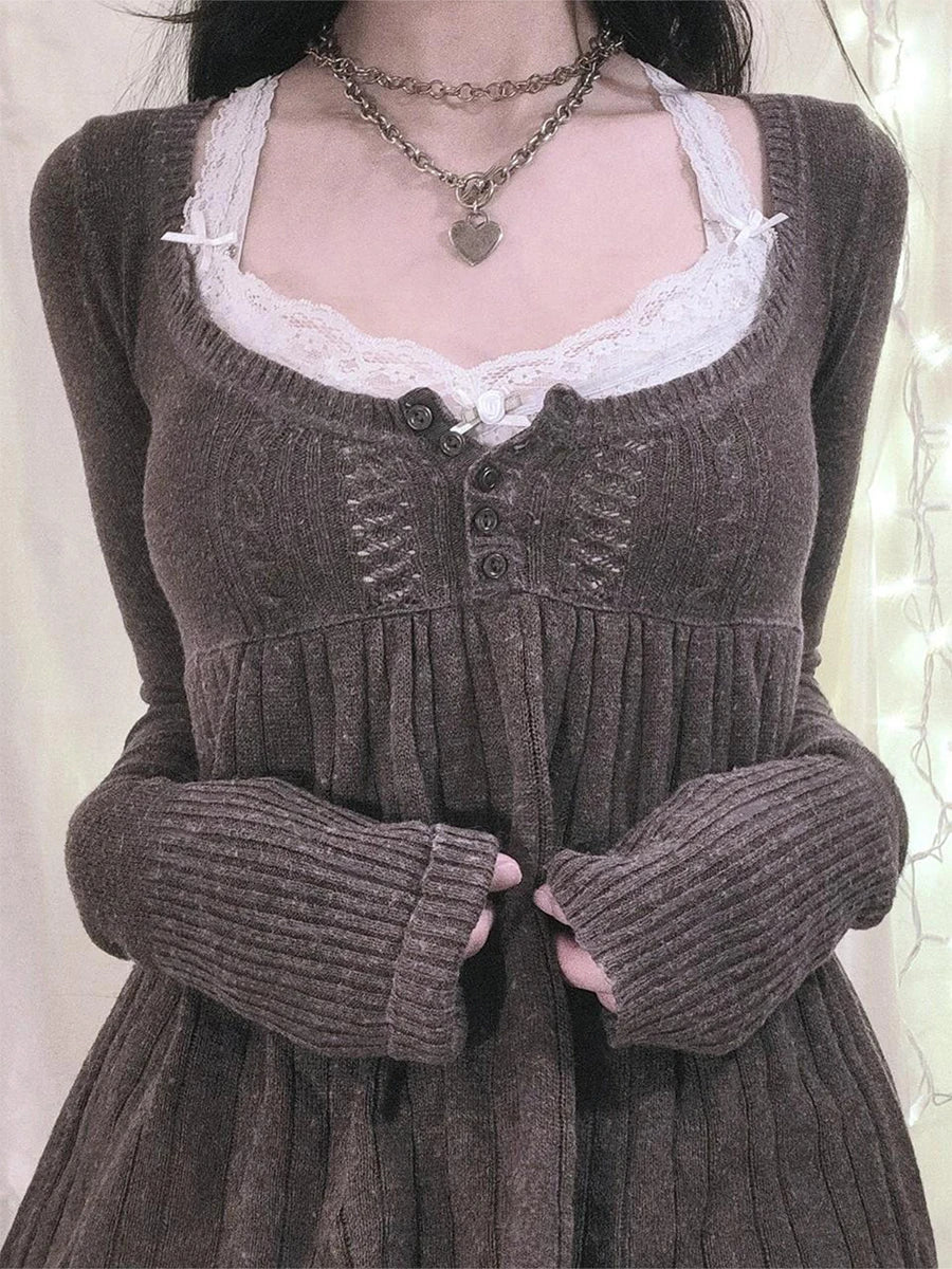 Elegant Women s Fall Knitwear Stylish Long Sleeve Tunic Sweater with Button Detail and Square Neckline