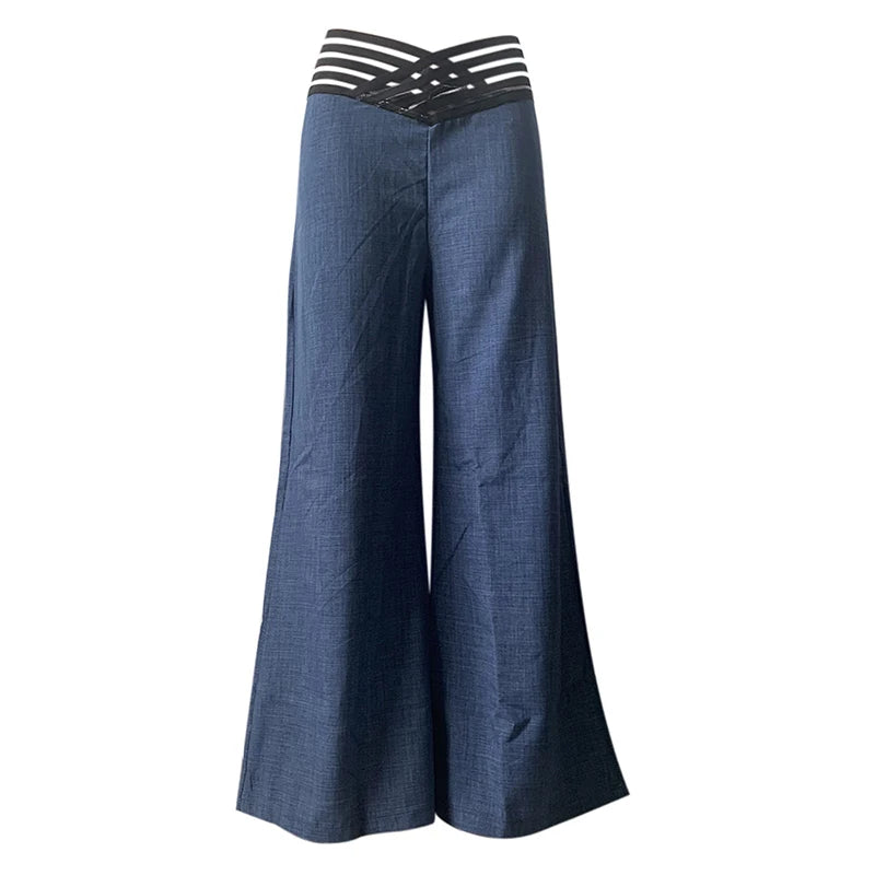 Fashionable Trendy Women's Hollowed Out Waist Belt High Waisted Large Size Pants Casual Straight Tube Loose Wide Leg Pants