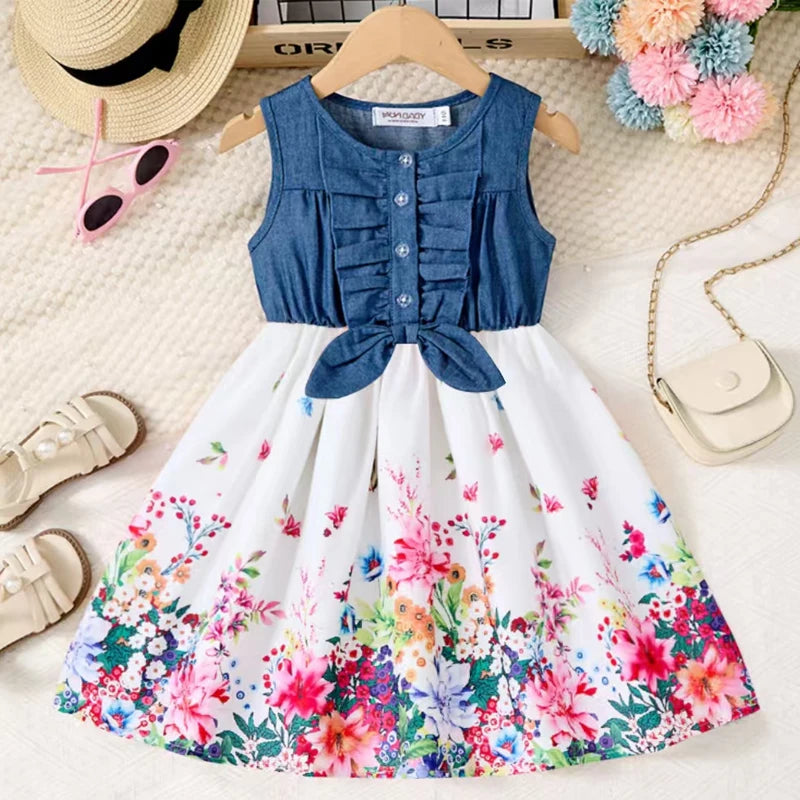 Girls Butterfly Flower Print Dress | Denim Splicing A-Line Skirt | Ages 2–10