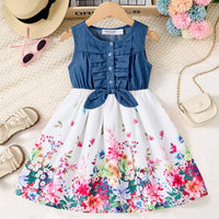 Girls Butterfly Flower Print Dress | Denim Splicing A-Line Skirt | Ages 2–10