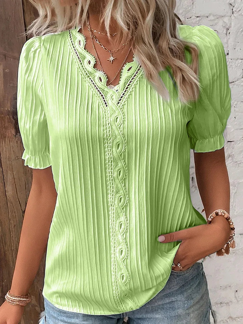 V-Neck Hollow Short Sleeve Blouse – Solid Chiffon Loose Fit Women's Top