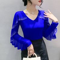 Korean Mesh Ruffle Top with Hot Diamonds | Long Sleeve Slim Fit Women's Shirt