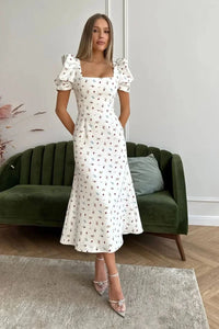 Vestido Midi Floral Coreano - Manga Corta Abullonada Elegante para Mujer