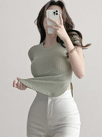 Camiseta Mujer Coreana Acanalada - Cuello Redondo Slim Fit con Abertura Verano 2025