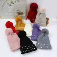Gorro de Invierno con Pompón y Perlas - Gorro Tejido Cálido para Mujer