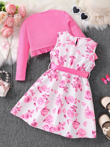 Girls Pink Floral 2-Piece Dress Set | Cute Vest & Skirt Outfit for Ages 4-8