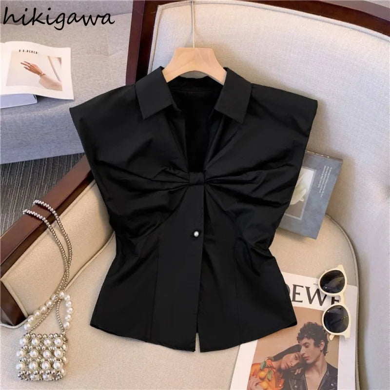 V-Neck Bow Sleeveless Crop Blouse – Korean Temperament Slim Fit Women's Summer Top