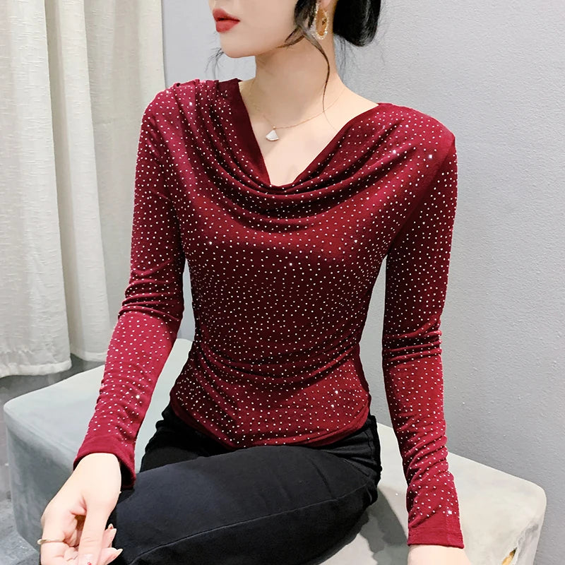 V-Neck Hot Diamond Long Sleeve T-Shirt | Slim Fit Shiny Women's Top