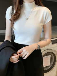 Korean Knit Slim Turtleneck Blouse – Solid Short Sleeve Women's Top